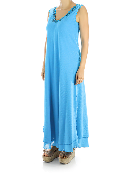 Long Blue Cotton Dress With Crochet a Mano Artesanal WOMEN
