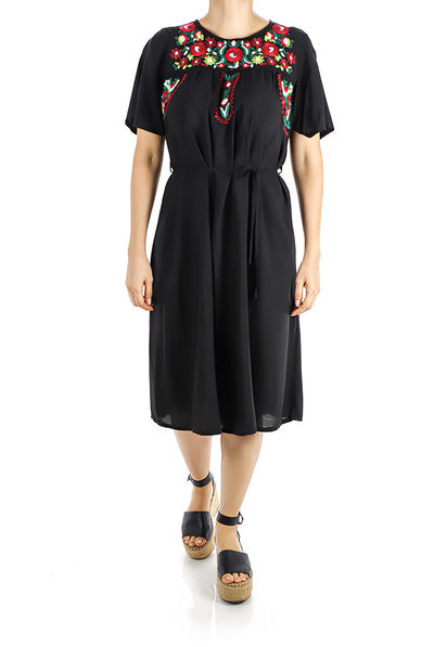 Knee Length Black Cotton Dress With Embroidery WOMEN