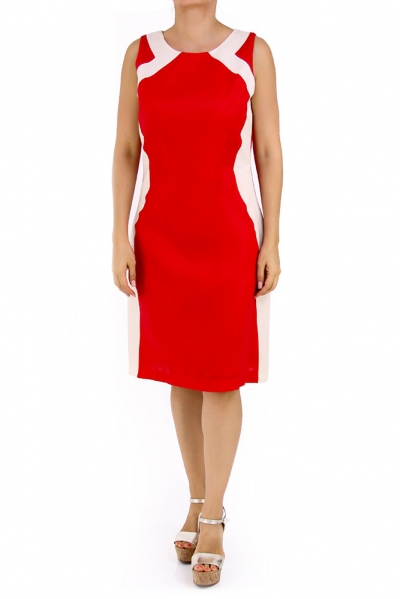 Vestido de Lino Color Rojo con Franjas Color Arena VESTIDOS