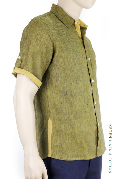 100% Linen Shirt Brown Green Effect Short Sleeve SHIRTS