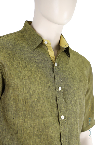 100% Linen Shirt Brown Green Effect Short Sleeve SHIRTS