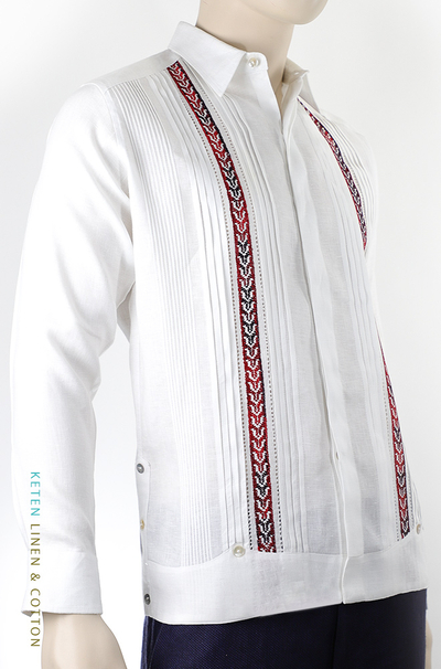 Guayabera de Lino Con Bordado a Mano Color Rojo Jaspeado