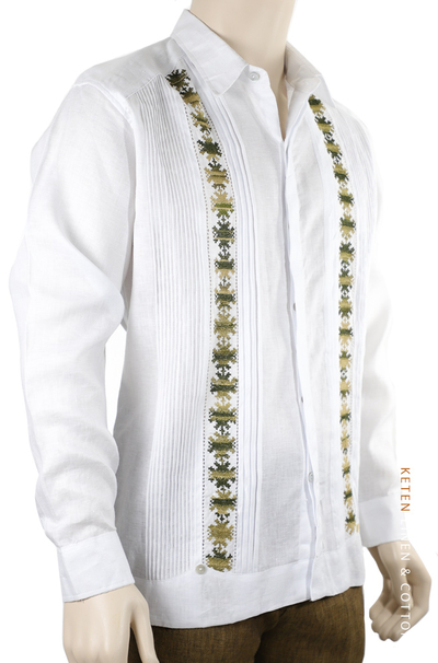 Pattern Embroidered White Irish Linen Guayabera GUAYABERAS