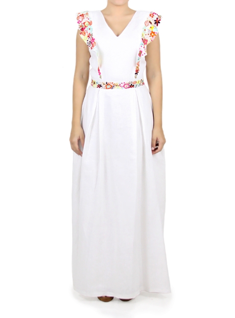 Vestido Largo de Lino con Bordado de Flores MUJER