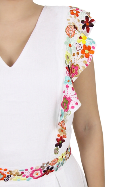 Vestido Largo de Lino con Bordado de Flores MUJER