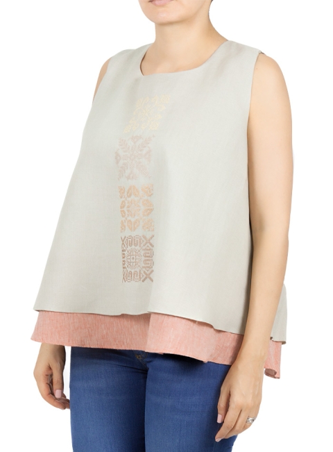 Blusa de Lino Bordado en Color Beige BLUSAS