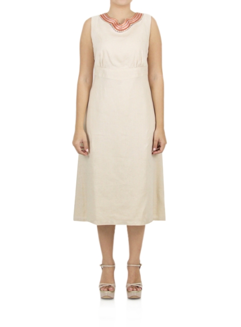 Vestido Corto de Lino Color Beige con Bordado VESTIDOS