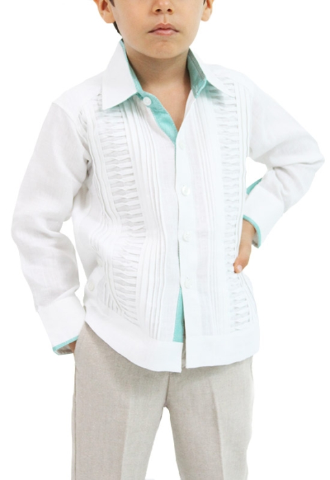 Guayabera de Lino Para Niños Color Blanco y Verde Aqua GUAYABERAS