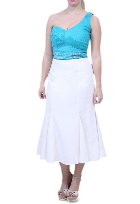 Vestido de Lino 100% Turquesa y Blanco de un Hombro VESTIDOS