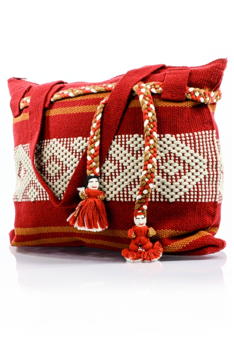 Mexican Folkart Red Beige Waist Loom Handbag BAGS & POUCHES