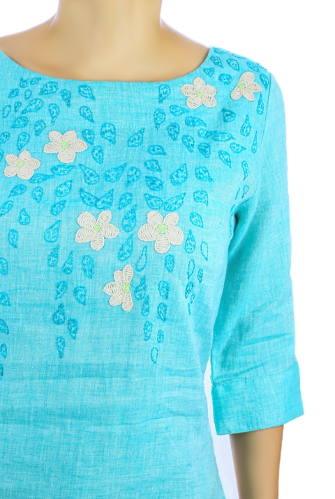 100% Linen Blouse Heather Blue Color Hand Embroidered 3/4 Sleeves TOPS