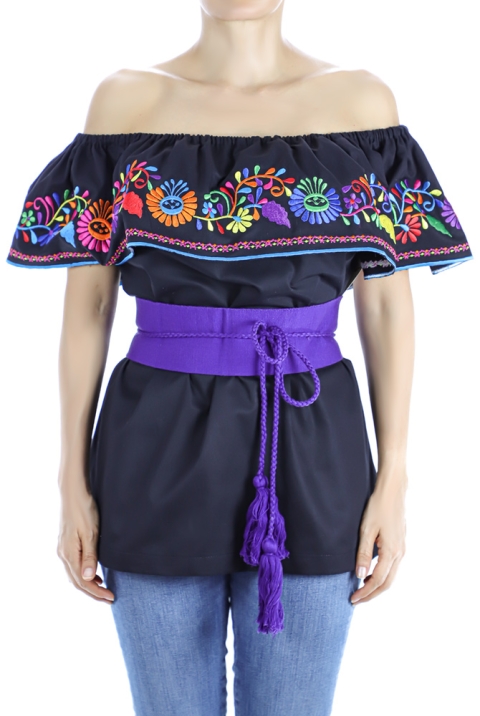 Black Cotton Handmade Colorful Hand Embroidered Blouse TOPS