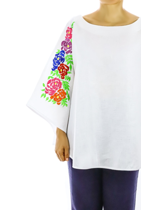 White Linen Top With Handmade Colorful Embroidery Mexican Art One Size TOPS