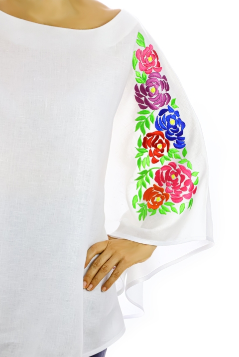 White Linen Top With Handmade Colorful Embroidery Mexican Art One Size TOPS