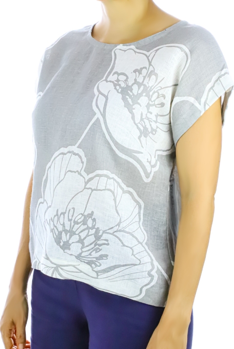White and Gray Pure Printed Linen TOPS