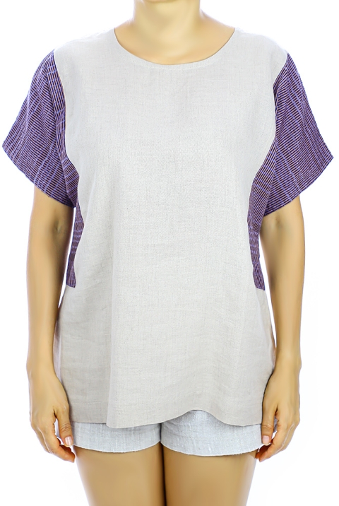 Beige Color Natural Linen Waist Loom Combined Top TOPS