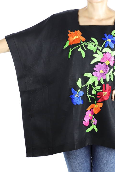 Black Linen Top With Handmade Embroidery Mexican Art TOPS