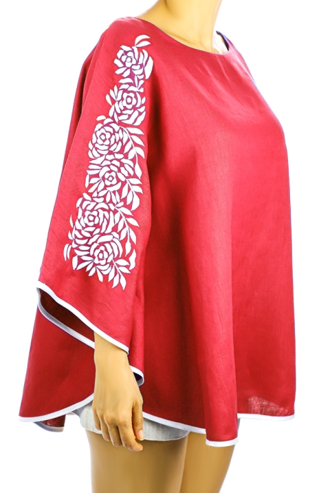Red Linen Top With Handmade Embroidery Mexican Art TOPS