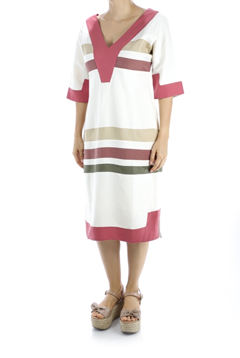 Vestido de Lino Blanco Con Combinaciones De Colores Mangas de 3/4 VESTIDOS
