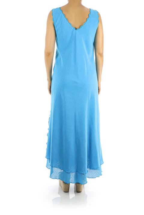 Vestido Largo de Algodón Azul Con Crochet Hecho a Mano MUJER