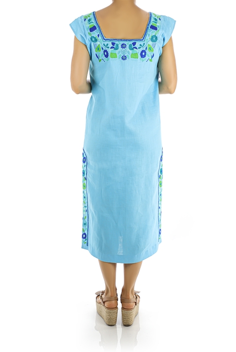 Vestido de Lino Color Aqua Con Bordado Artesanal VESTIDOS