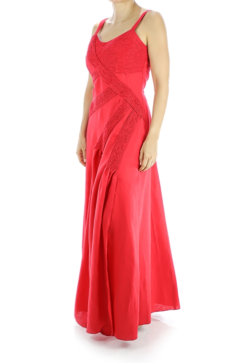 Vestido Largo de Lino 100% Rojo Con Alforzas VESTIDOS