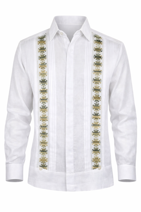 Guayabera Blanca de Lino Con Bordado a Mano Punto de Cruz GUAYABERAS 
