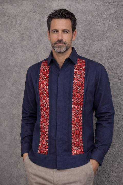 Guayabera Fina de Lino Azul con Bordados Rojos Vallarta GUAYABERAS 