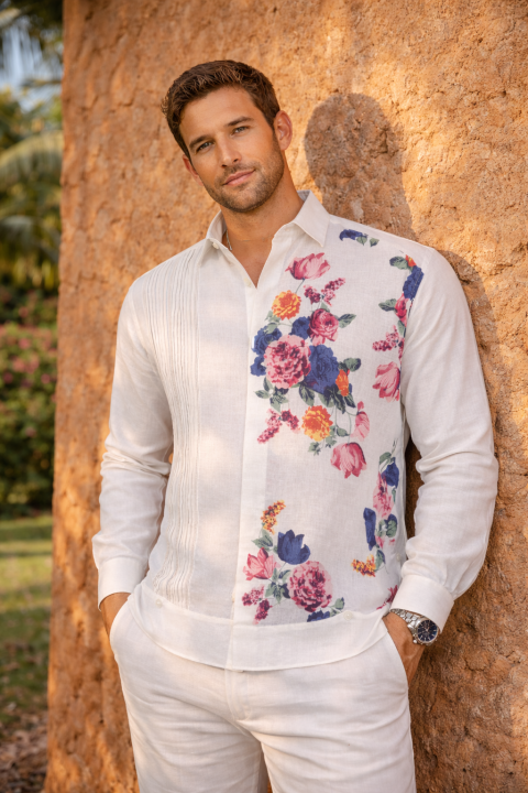 Hand Made Linen Flower Printed Guayabera Cuban Shirt GUAYABERAS