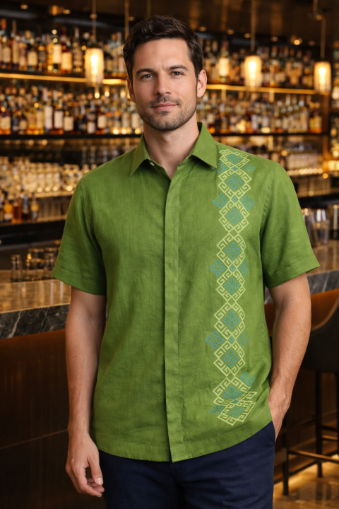 Green Pure Linen Embroidered Shirt Short Sleeve SHIRTS