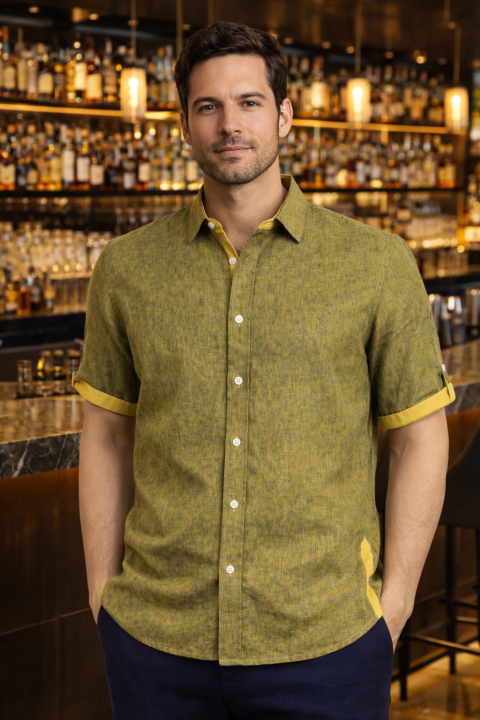 Camisa de Lino 100% Color Cafe y Verde Manga Corta CAMISAS