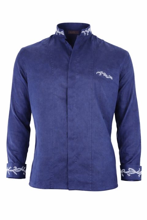 Camisa de Lino Color Azul Marino Bordado Artesanal Para Boda CAMISAS