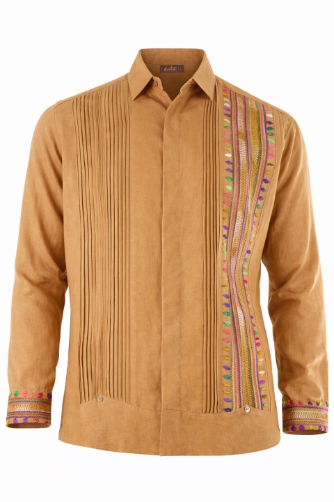Guayabera Color Naranja Hecho a Mano De Lino Con Bordado A Mano GUAYABERAS 
