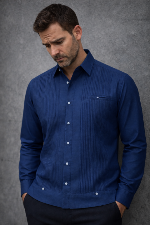 Linen Made Navy Blue Guayabera Shirt GUAYABERAS