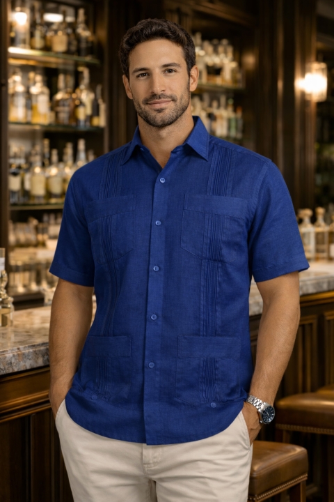 Short-sleeved Presidential Linen Royal Blue Guayabera GUAYABERAS