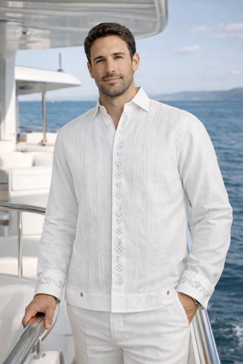 Guayabera de Lino Blanco Con Bordado Artesanal Para Evento GUAYABERAS 