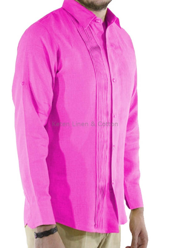 Camisa de Lino 100 Corte Slim Con Alforzas Color Rosa
