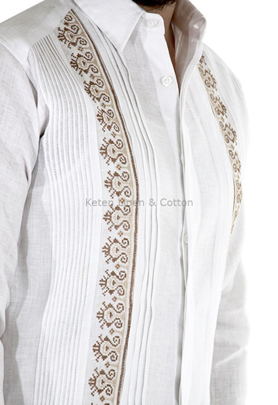 Hand Embroidered White Irish Linen Guayabera