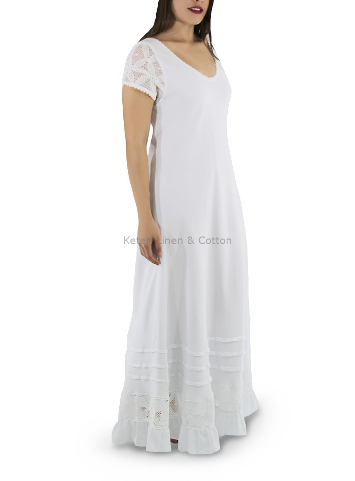 Vestido de Algodon Largo Con Crochet a Mano Color Blanco
