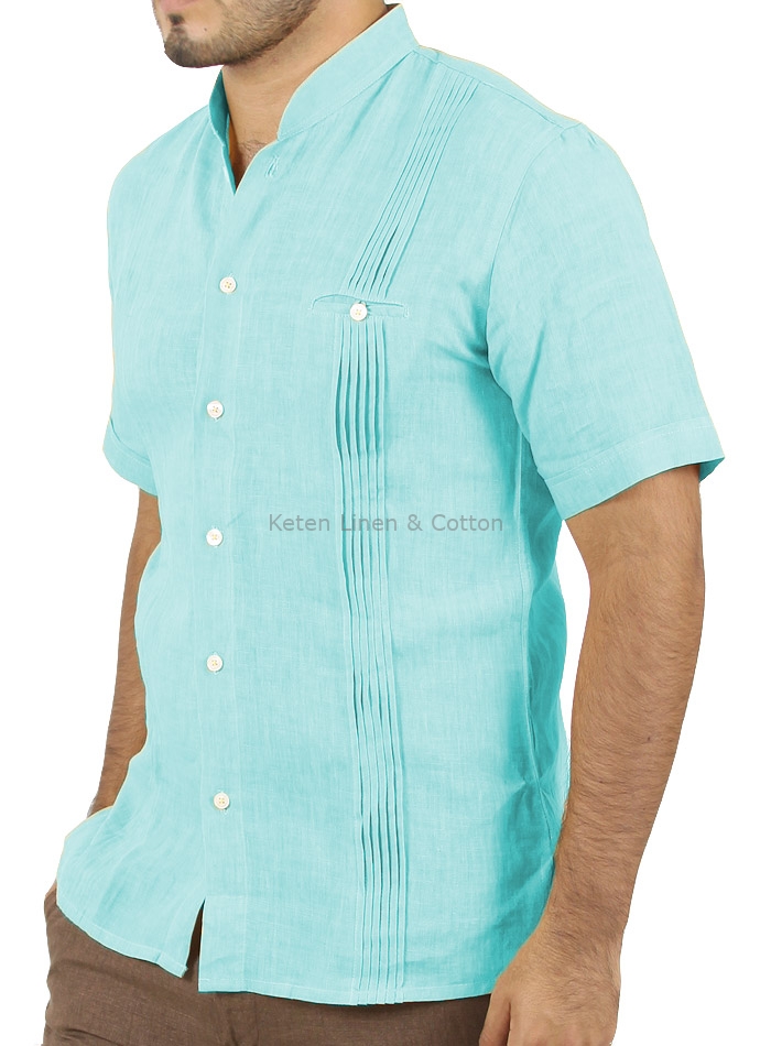 Camisa de Lino Manga Corta Color Aqua
