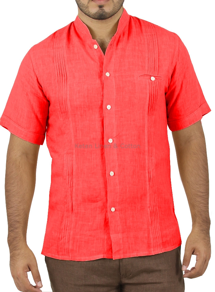 camisa de lino con alforzas color coral 1