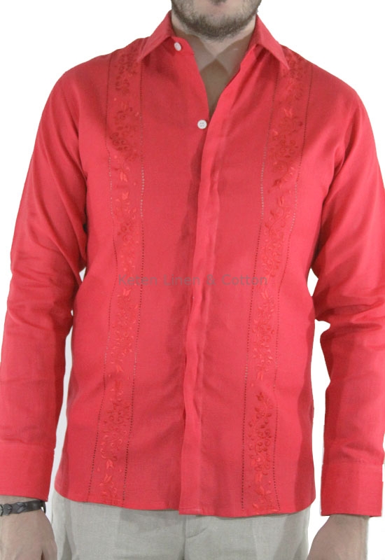 Embroidered 100 Red Coral Linen Shirt