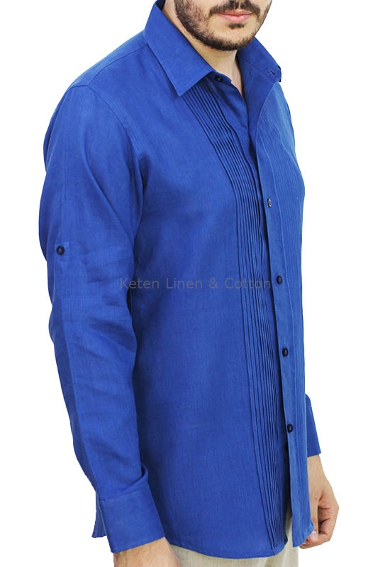 Camisa de Lino 100 Corte Slim Con Alforzas Color Azul