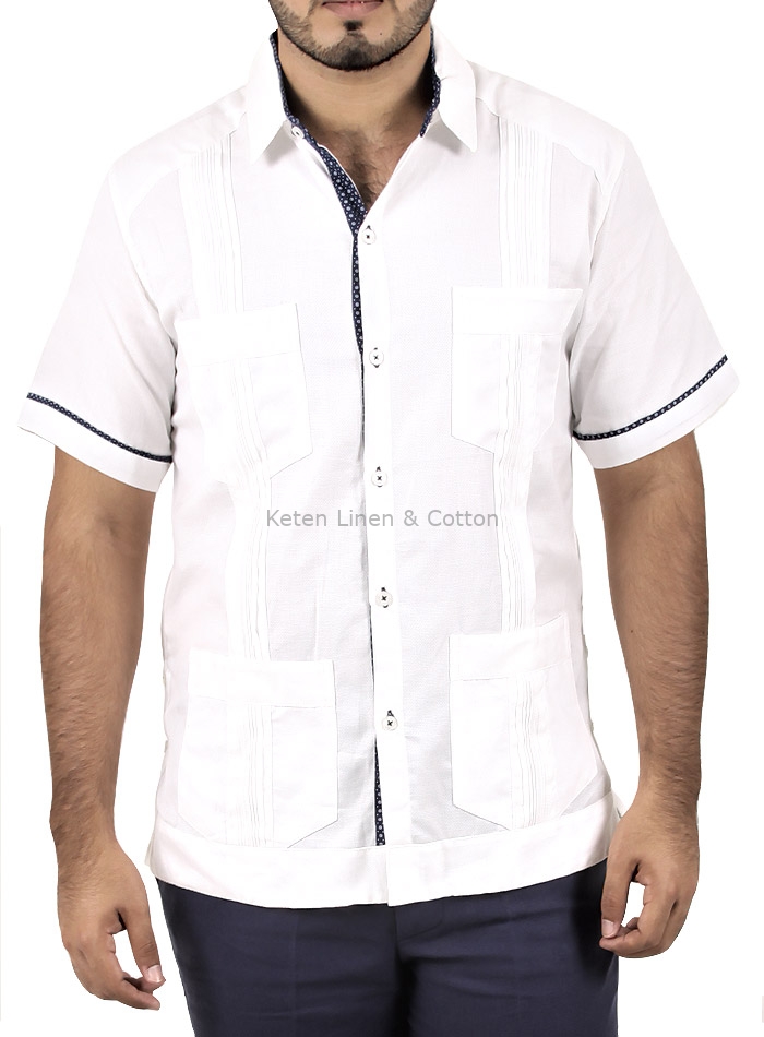 Cotton Cuban Guayabera 4 pocket with blue details