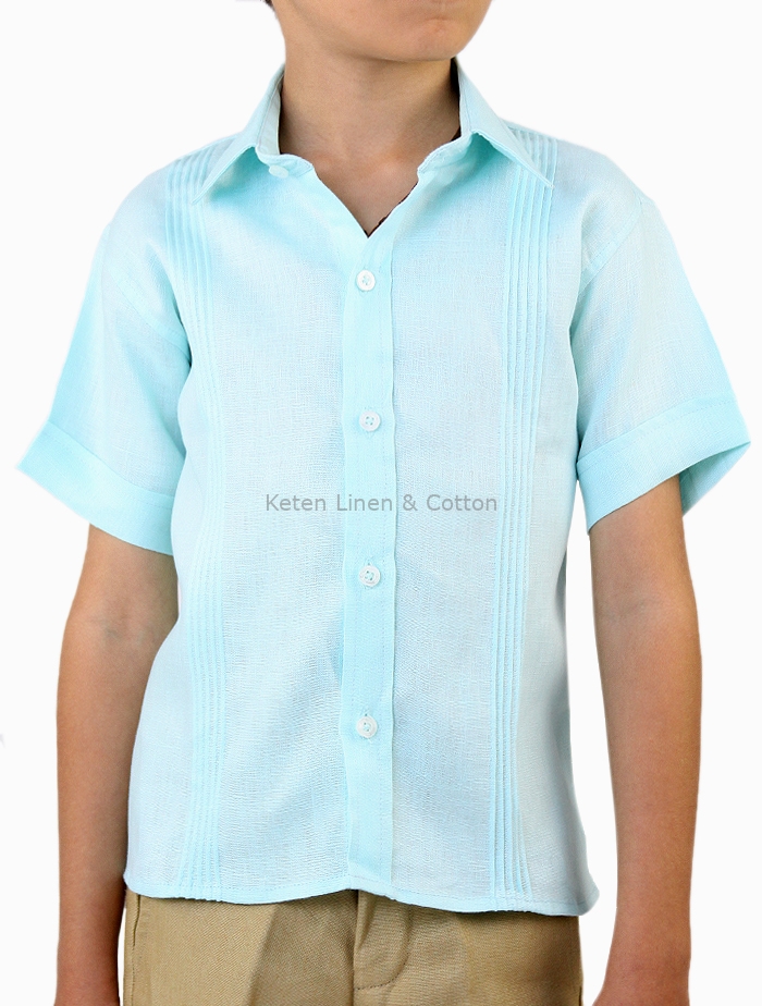 Camisa de Lino 100 Alforzas Para Ninos Color Aqua