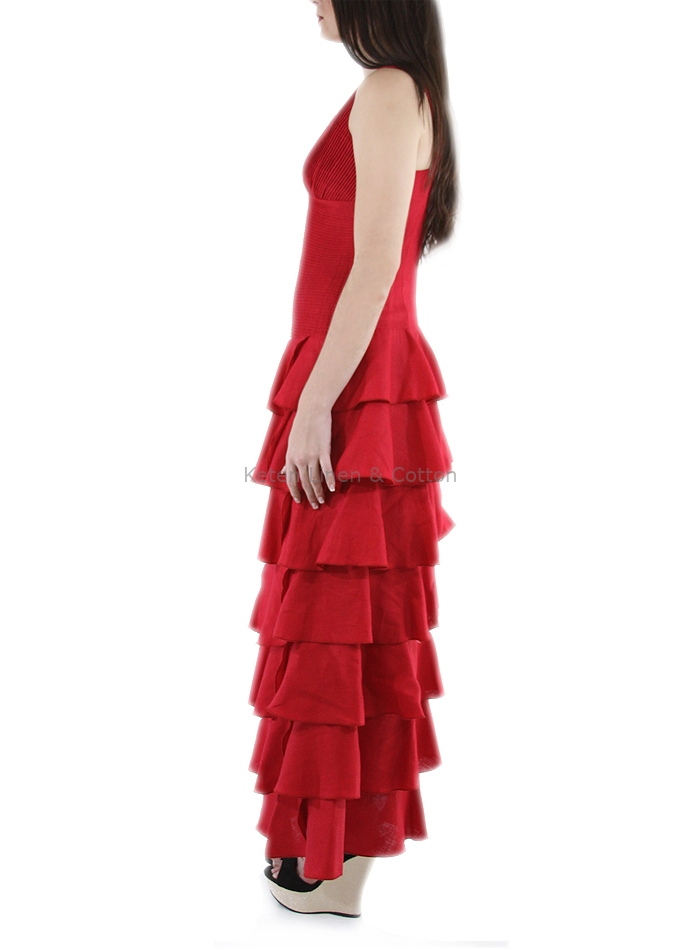 Vestido Con Olanes Color Rojo Lino 100