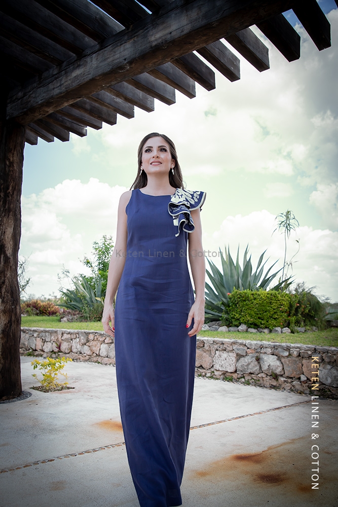 Vestido lino azul clearance