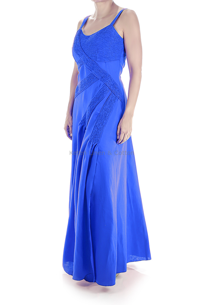 Vestido Largo de Lino 100% Azul Rey Con Alforzas